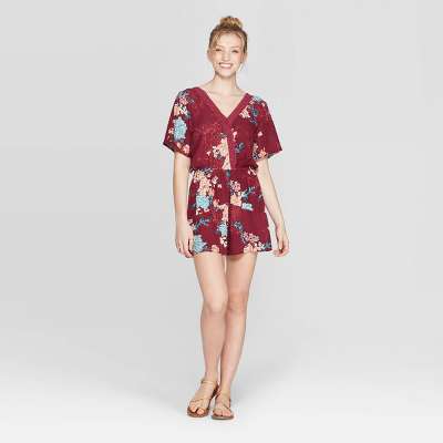 Womens Floral Print Short Sleeve Deep V Neck Lace Trim Wrap Romper Xhilaration