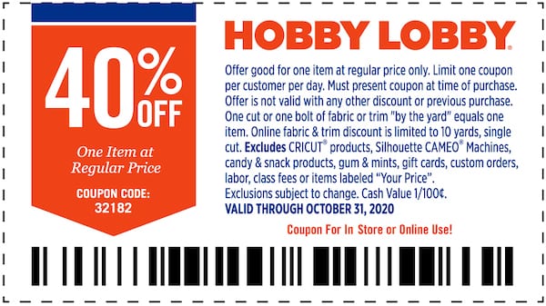 Hobby Lobby Coupon 40% off 1 Hobby Lobby 40% off Coupon