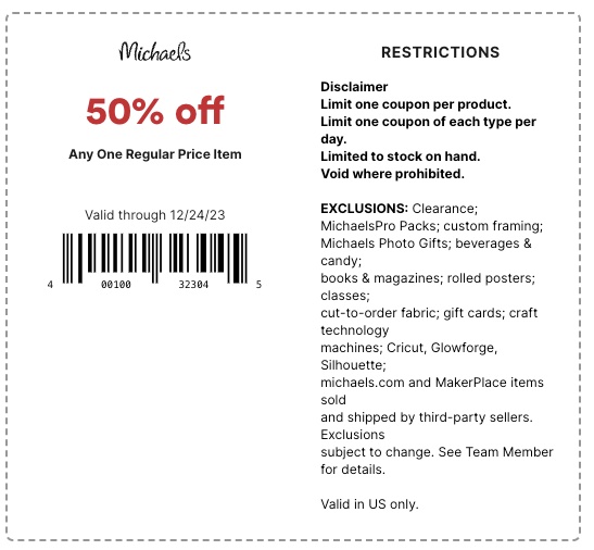 Michaels Coupon 50% off