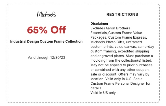 Michaels Coupon Industrial Design Custom Frame Collection 65 off