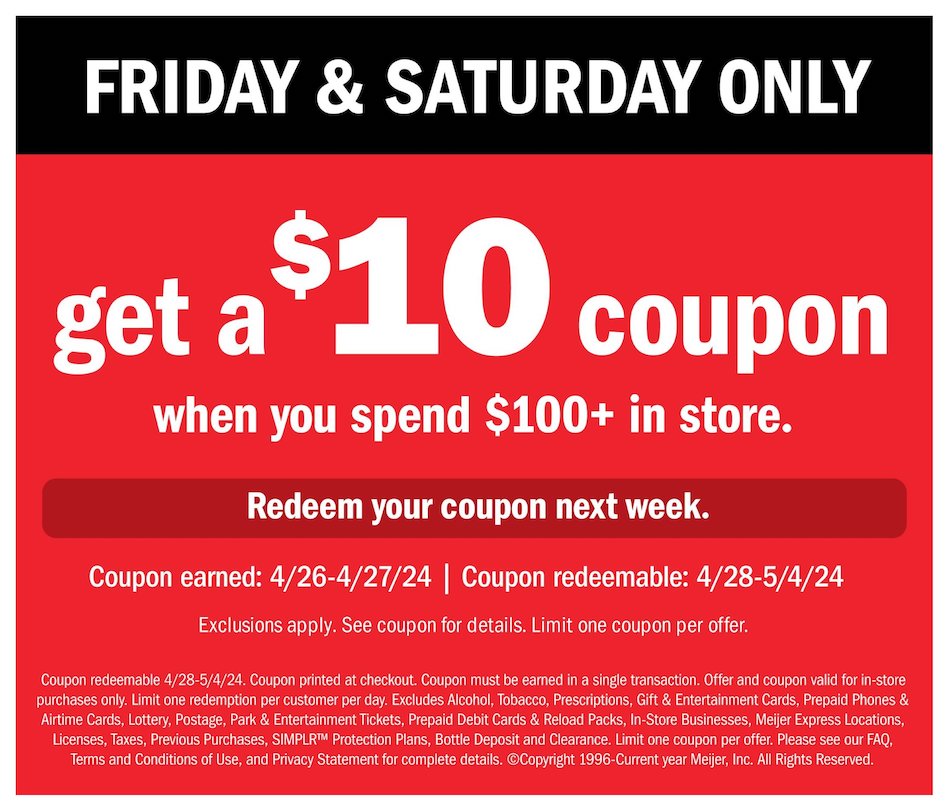 Meijer 10 Coupon for 100 Purchase Redeemable on 428 54